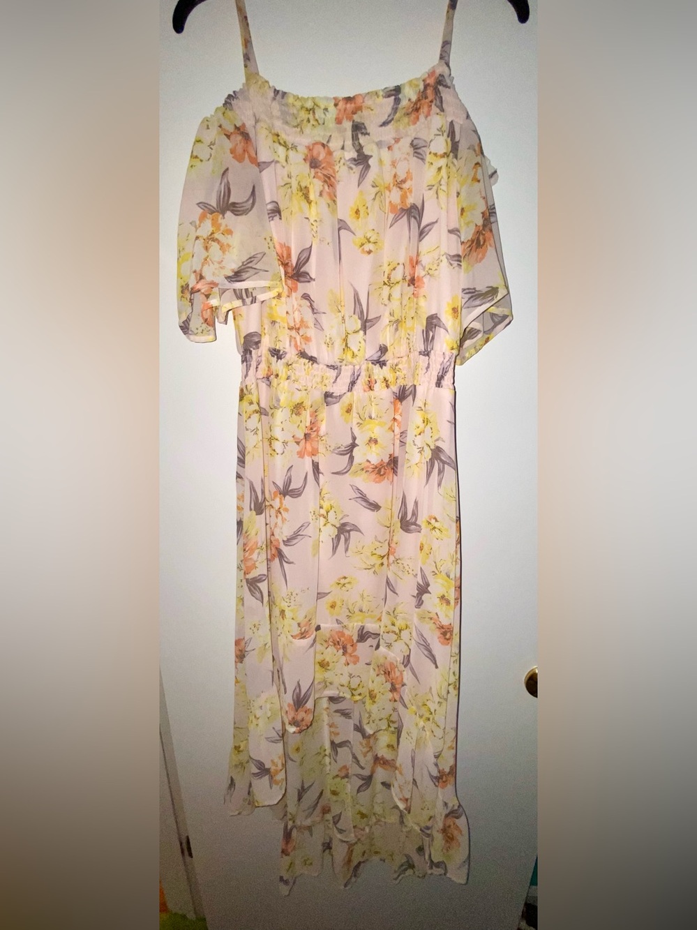 Lily Rose Blush Floral Off-Shoulder Maxi Dress with Yellow Blooms